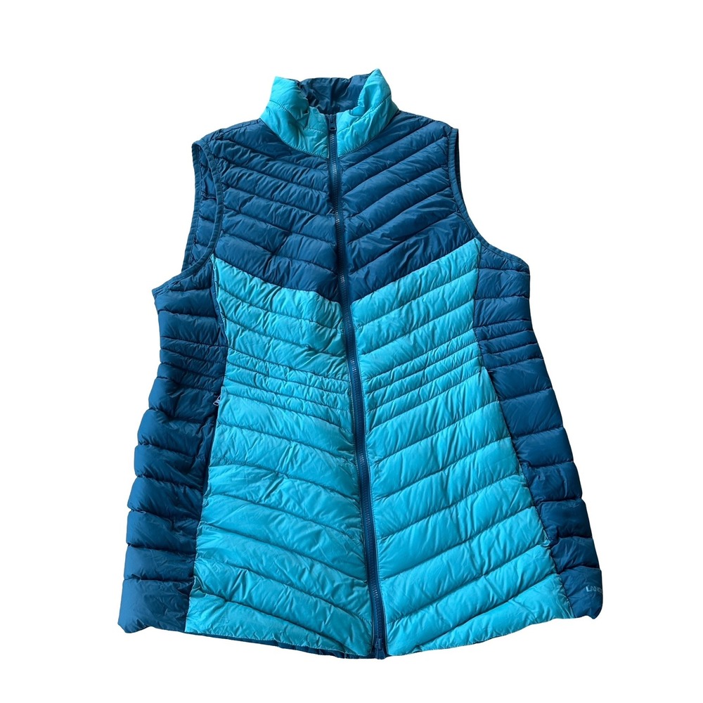 Lands End Womens XL Blue Chevron Quilted Down Puffer Vest Full Zip Mock Neck